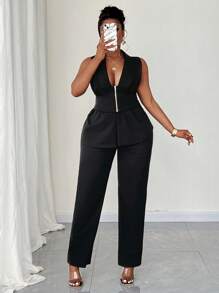 Maweii Conjunto de 2 piezas de talla grande - Chaleco sin mangas de unicolor con cremallera y pantalones, uso diario casual y elegante