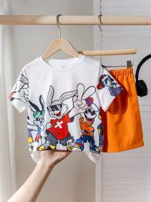 2 paquets Ensemble t-shirt à manches courtes et short imprimé lapin mignon pour jeunes garçons. Décontracté, confortable, mode, simple et pratique. Doux et confortable.