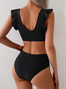 Swim Lushoire Women's Swimwear Set, Strapless Square Neck Solid Color Bikini Set With Ruffled Strap, For Summer Beach Vacation