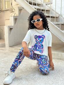 SHEIN Leap Crew Tween Girls' Casual Knitted Crew Neck Short Sleeve Top & Long Pants Set, Bear Pattern - Purple - View 7