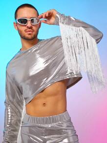 FeverCity Men's Ice Silk Fringed Patchwork Short Sleeve T-Shirt Set - Silver - View 3