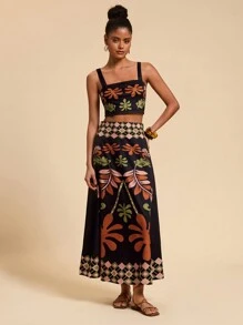 Travachic Vacation Knit Printed Bodycon Cropped Tank Top & Skirt 2pcs Women Sets - Black - View 5