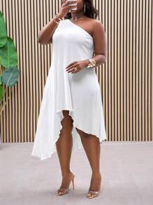 Slaydiva Plus Size Casual Minimalist Solid Color Asymmetric Dress,Graduation Dress - White - View 4