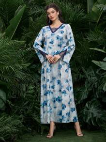 Al Najma Women's Elegant Floral Print Patchwork Loose Long Kaftan, Suitable For Parties,Modest - Multicolor - View 4