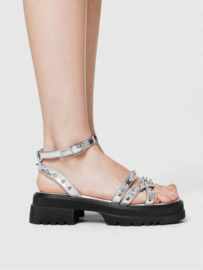 Grunge Punk Women's Black Punk Rock Strap Buckle Gothic Shoes, Open Toe Roman Holiday Sandals, Rivets Beach Wedge Platform Sandals