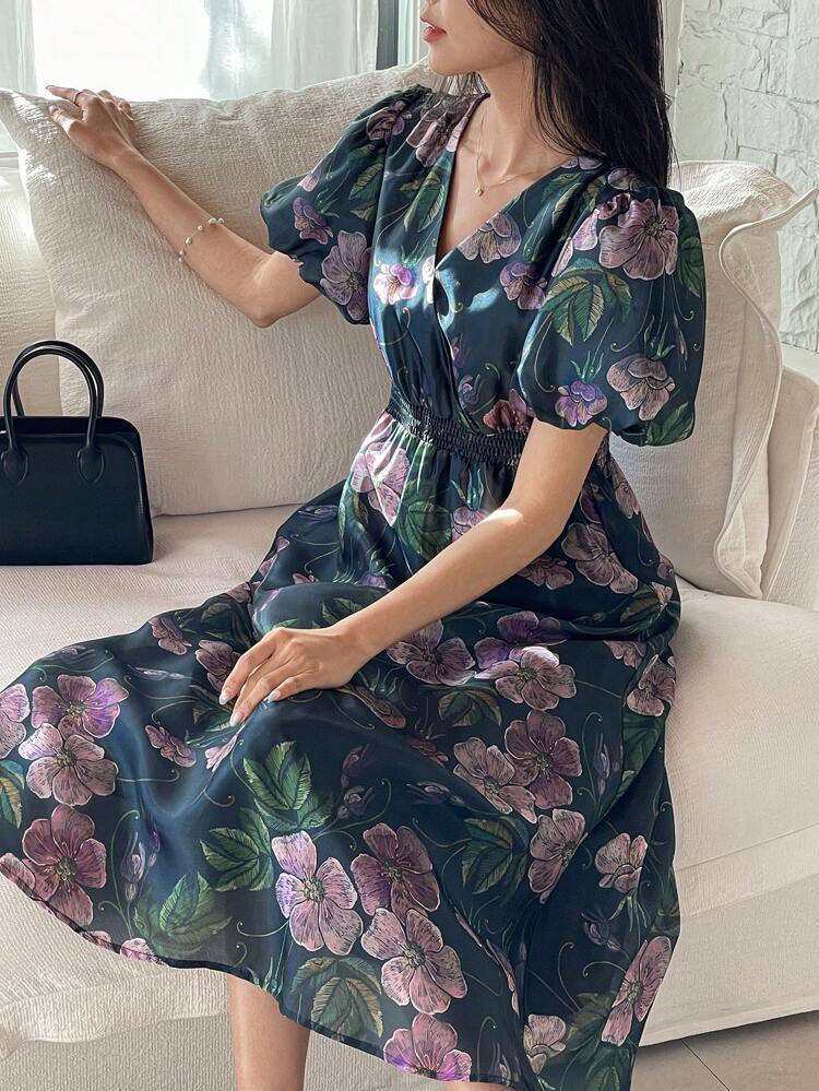 Women's V-Neck Chiffon Puff Sleeve Dress Floral Sundress Vacation Outfits Women Maxi Dress Boho