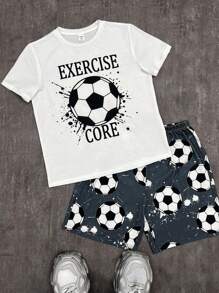 SHEIN Leap Crew 2Pcs Tween Boys Minimalist Football Graphic Round Neck Short Sleeve Shorts Casual Pajama Set, Flame Retardant - Black and White - View 3