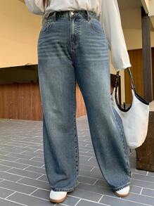 Dazy Petite Plus Retro Washed White Slim Straight Leg Long Jeans, Suitable For All Seasons - Blue - View 4