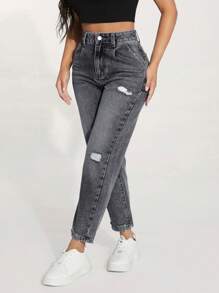 SHEIN PETITE Pantalones vaqueros rectos con bolsillos y rotos para mujer - Gris Claro - Ver 3