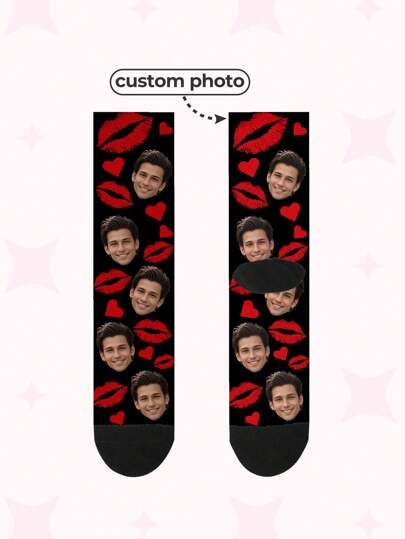 1 Pair Christmas Customized Face Printed Mid-Calf Socks, Men's And Women's Couple Socks, Personalized With Photo, Funny Couple Socks, Comfortable And Breathable, Creative Cartoon Design, Perfect For Holidays, Birthdays Adorable, Contracted, Funny, Cozy Custom, Personalized, Unique, Fall,Dawg,Colorful,Cute,Adorable,Contracted,Funny,Custom,Unique,Customized,Personalized,Ideal Gifts For Him,Ideal Gifts For Her,Boyfriend,Girlfriend,Family,Friends,Her