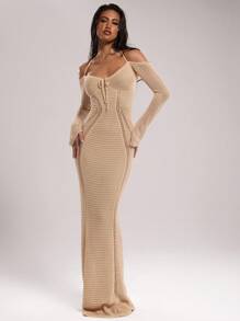 SHEIN BAE Vestido de punto ajustado con hombros descubiertos y lazo delantero de unicolor, ropa de San Valentín, atuendos de vacaciones, atuendos de verano para mujer, suéteres para mujer, vestidos de verano para mujer, atuendos de playa para mujer, ropa occidental para mujer, vestido de suéter para mujer, vestido de verano para mujer en otoño/invierno