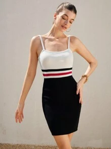 Revavyn Color Block Stripe Pattern Simple Elegant Sports Chic Bodycon Camisole Knit Dress   For Summer - Multicolor - View 5