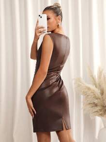 SHEIN Clasi Damen Asymmetrischer Ausschnitt elegantes braunes Kunstleder Bleistiftkleid, lässiges tägliches Kurzkleid