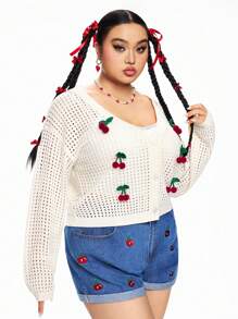 ROMWE Kawaii Cherry Decor Hollow Out Sheer Plus Size Thin Cardigan For Plus Size Women, Spring Outfits