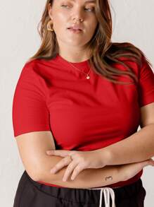 Aralina Fall / Winter Cotton Plus Size Curve Solid Colour Crewneck Round Neck Slim Fit Baby Tee Basic Tee Essential Tee Going Out Top - Red - View 3