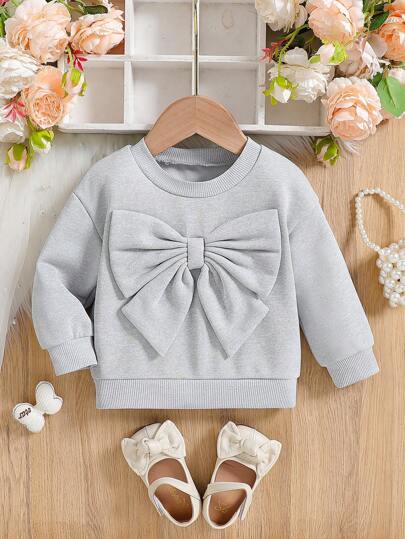 Moletom de cor sólida da moda para bebês meninas, feito de tecido de alta qualidade, design de laço grande 3D acrescenta interesse, ajuste solto para livre movimento