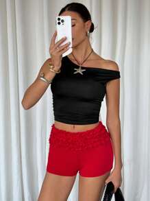 SHEIN Essnce Red Fashionable Low-Rise Frill Trim Skinny Shorts - Red - View 2