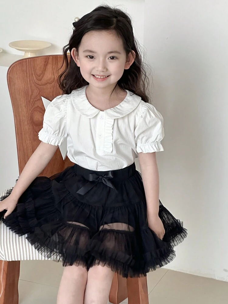 2pcs/Set Young Girl Solid Color Short Sleeve Ruched Top And Mini Skirt Set,Girls Summer Outfits
