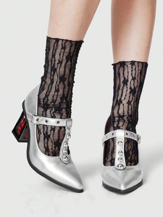 Goth Damenschuhe mit Rosenblumen, sexy High Heels, dunkler Rock Punk Stil, geschlossene Zehenpartie mit Riemen und Metallschnalle, Gothic Lolita Mary Jane Pumps, Plateau, Silber, Formelle Abendschuhe