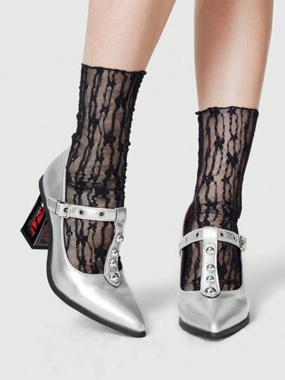 Women Rose Flower Sexy High Heels Dark Rock Punk Shoes Closed Toe Strap With Metal Buckle Gothic Lolita Mary Jane Pumps Platform Silver Formal Dress Shoes, Halloween