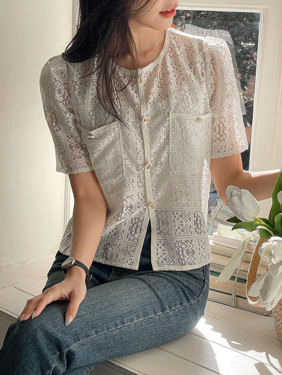 DAZY Áo cánh tay bồng cổ tròn ren thời trang dành cho nữ - trắng - Xem 1