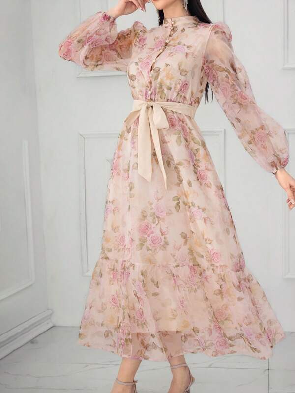 Modelyn Women's Floral Print Lantern Sleeve Button Front Elegant Dress