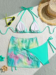 Swim SXY 3pcs/Set Tie-Dye Mesh Fabric Halter Crop Top, Knotted Shorts & Bowknot Hem Skirt Bikini Swimwear Set, Resort Beachwear, For Summer Vacation