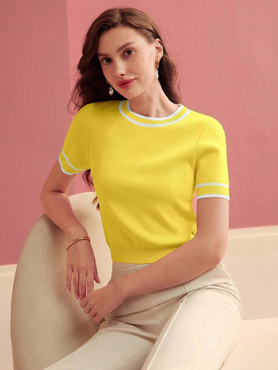 MOTF PREMIUM Áo len nữ tay ngắn màu tương phản, thời trang và đa năng cho mùa xuân/hè thu đông - Màu vàng - Xem 1