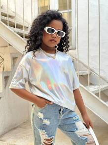 SHEIN Leap Crew Tween Girl Street Cool Knitted Crew Neck Short Sleeve Top - White - View 5