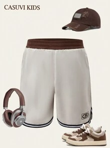 SHEIN Explorewe 2 件装青少年男童休闲运动短裤，夏季新款简约文字刺绣撞色运动短裤