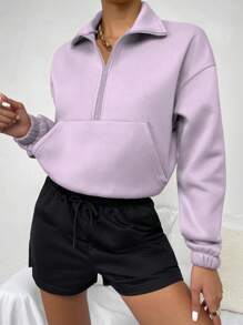 SHEIN Unity Casual Solid Color Drop Shoulder Kangaroo Pocket Sweatshirt, Autumn/Winter - Mauve Purple - View 5