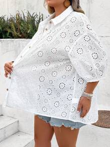 SHEIN CURVE+ Plus Eyelet Embroidery Drop Shoulder Shirt Boho Vacation - White - View 3