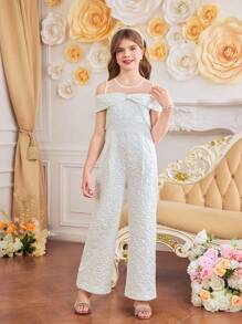 Tween Girls Jacquard Fabric Wide Leg Jumpsuit, Spring/Summer - White - View 4