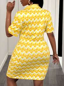 Slaydiva 大码度假休闲时尚几何图案马球领半拉链迷你连衣裙，女式，春夏