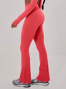 Musera Sport Ribbed Waist Flare Yoga Sports Trousers, Padel, Tennis, Pickleball Gym Fitness - Red - View 2