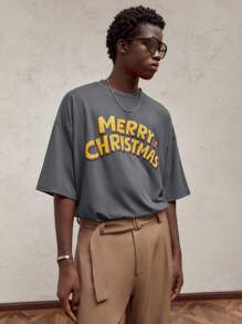 AKNOTIC Party Men's Loose Fit Letter Print Round Neck Short Sleeve T-Shirt, Suitable For Summer
