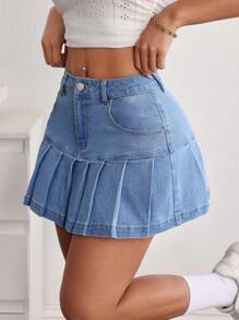 SHEIN PETITE 女士休闲斜口袋褶皱牛仔 A 字裙，夏季 - 淺色水洗藍 - 查看 4