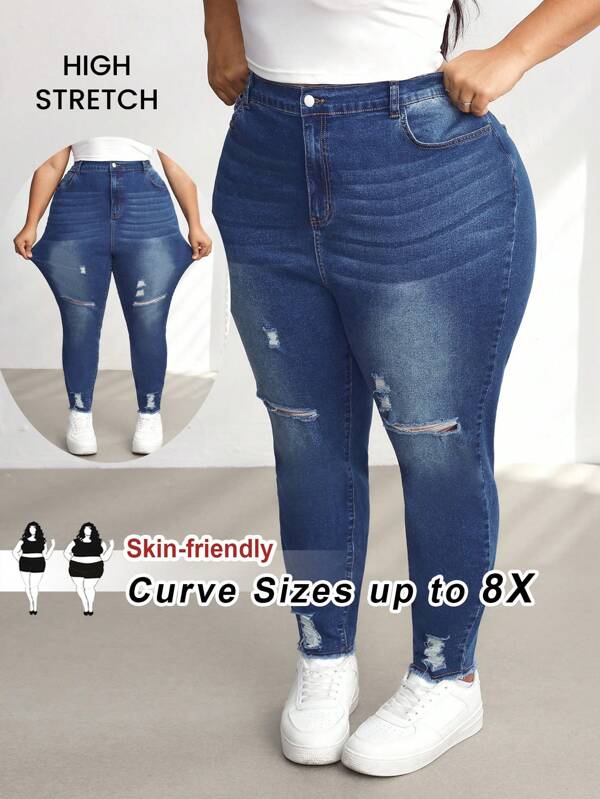 SHEIN CURVE+ Damen Große Größen Skinny Jeans mit abgerissenen ausgefransten Säumen, hohe Elastizität