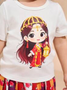 女婴图案印花圆领短袖上衣和 A 字裙 2 件套 - 彩色 - 查看 3