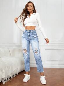 EMERY ROSE Women's Front Button Pocket Distressed Simple Casual Denim Jeans - Light Wash - View 3