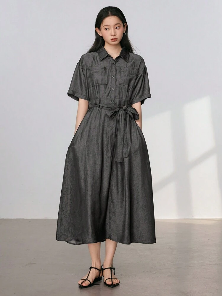 Solid Color Loose Minimalist Tie-Waist Cinched Waist Midi Dress With Large Pockets For Women Shirt Dress,Casual Women Dresses,Teacher Outfits Business Casual Woman Work Clothes