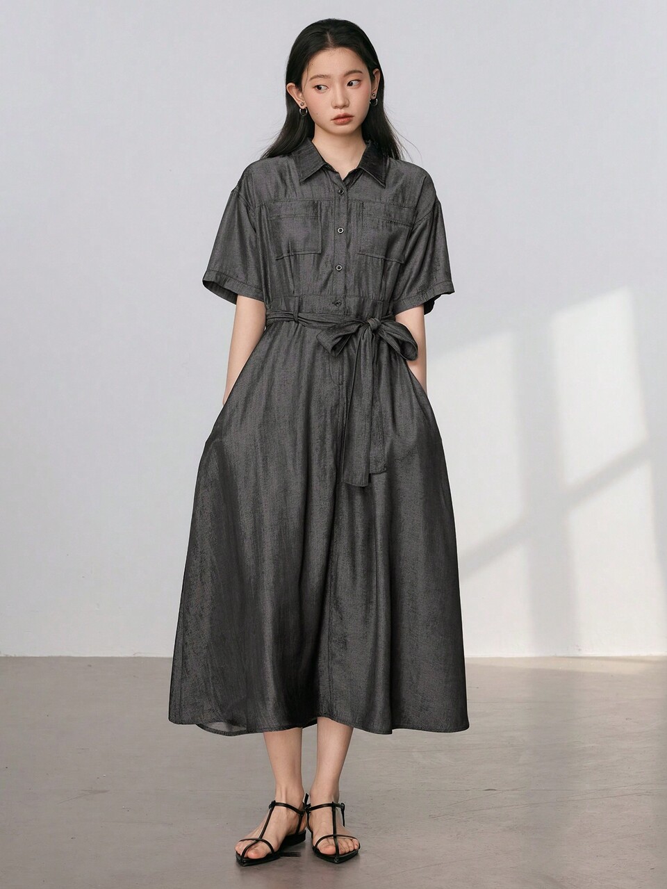 Dark Grey Summer Minimalist Tie-Waist Cinched Midi Shirt Dress With Large Pockets,Smart Casual Office Teacher Outfits Business Casual Woman Clothes
