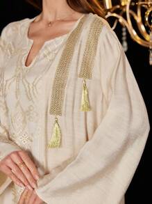 Al Najma 刺绣网眼流苏装饰土耳其和阿拉伯风格女士长裙、卡夫坦和贾拉比亚，端庄 - 卡其色 - 查看 2