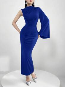 Modelyn 勃艮第红色女士春夏纯色立领喇叭袖长款紧身连衣裙，配美人鱼下摆，优雅