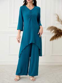 Lacomfia Conjunto de 2 peças: blusa e calça de manga comprida com botões e decoração de babados, cor sólida, minimalista e moderno para uso diário casual - Verde-azulado - Ver 7