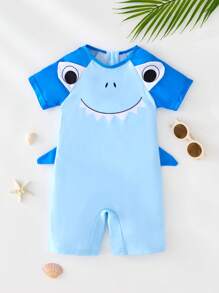 SHEIN Leap Crew 1pc Children's Colorblock Cartoon Shark Print Swimsuit, Casual & Cute, Suitable For Young Boys & Girls, Suitable For Beach, Vacation, Swimming, Water Play, Spring/Summer/Autumn/Winter - Multicolor - View 9