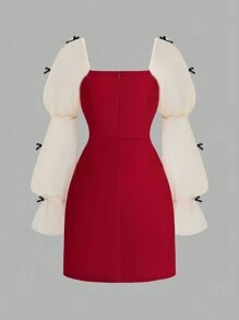 SHEIN Girlism Tween 女童时尚简约可爱泡泡袖蝴蝶结装饰休闲紧身连衣裙