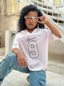 SHEIN Leap Crew Top de manga corta oversize de cuello redondo, de unicolor y con aplicaciones de malla para niñas preadolescentes - Rosa Pálido - Ver 4
