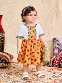 SHEIN Leap Crew 女宝宝夏季可爱花卉图案裙子和短袖T恤两件套