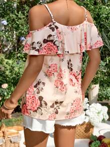 SHEIN Maternity Floral Print Ruffle Relaxed Fit Blouse - Pink - View 2